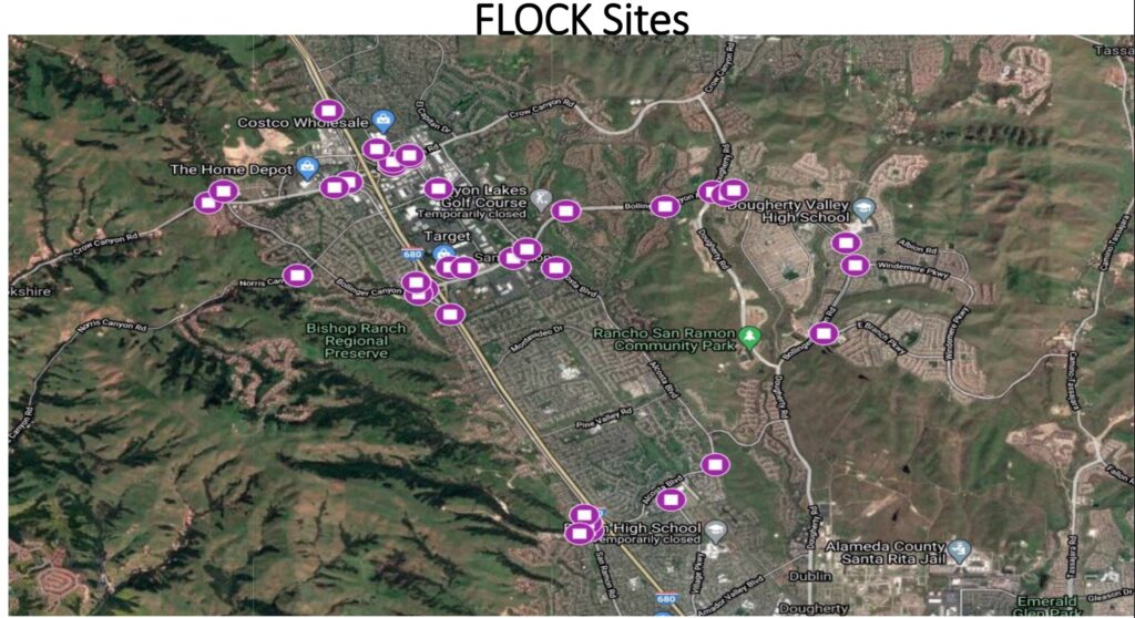 Map showing proposed locations of Flock license plate readers in San Ramon