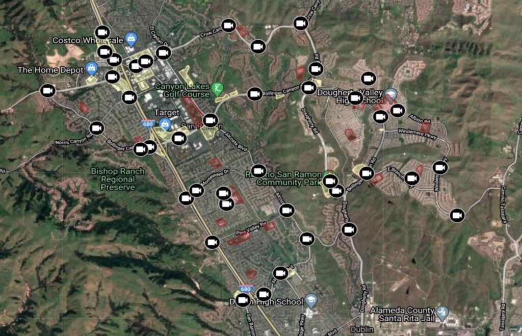 Map showing proposed locations of Avigilon surveillance cameras in San Ramon