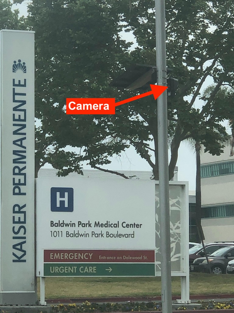 Flock surveillance camera at the entrance to Kaiser Permanente's Baldwin Park Medical Center at 1011 Baldwin Park Boulevard, Baldwin Park, CA